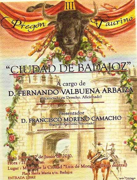 Cartel del III Pregón Taurino 'Ciudad de Badajoz'.
