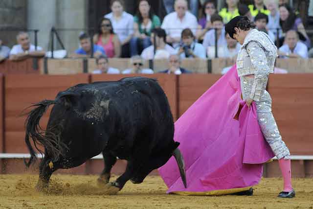 Manuel Larios, a la verónica, en su reciente actuación en Sevilla. (FOTO: Matito)