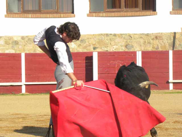 Manuel Larios, muy encajado de riñones, lidiando una de las eralas.