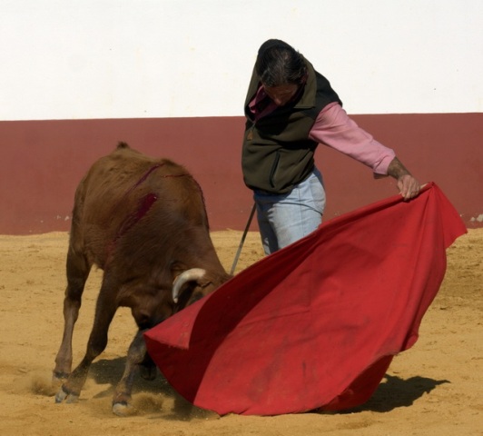 Alargando el muletazo, acompañando la embestia.