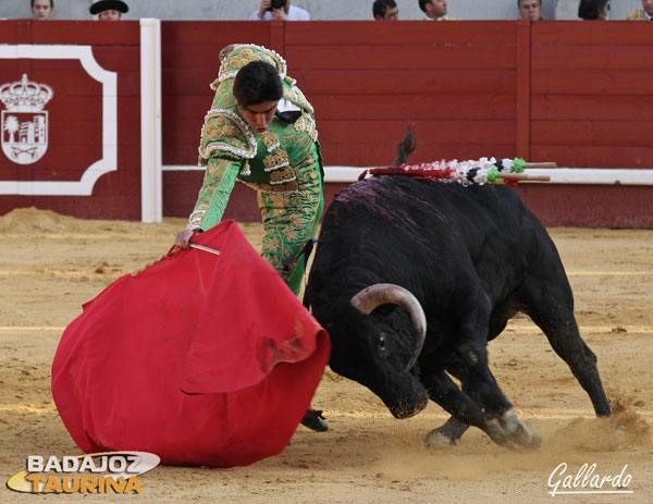 Toreando en redondo al tercer jandilla del encierro.