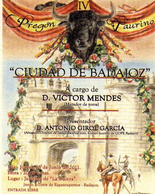 Cartel Anunciador del Pregón Taurino Ciudad de Badajoz.