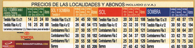 Precios de la localidades y abonos