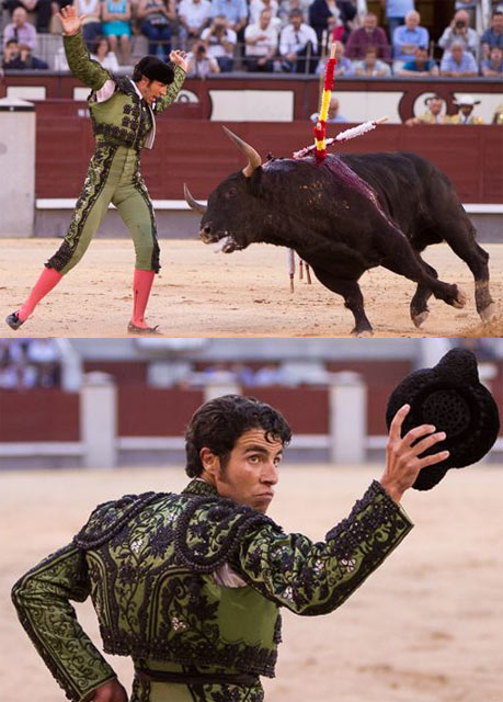 Ejecución de uno de los pares al sexto que le llevaron a saludar montera en mano. (FOTO: Juan Pelegrín/Las-Ventas.com))