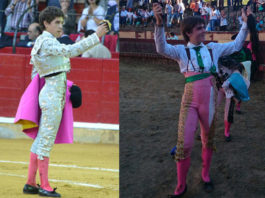 Ginés Marín y Antonio Medina, con los trofeos cortados esta tarde. (FOTOS:toroszaragoza.com/CEDIDA)