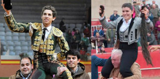 Ginés Marín y María del Mar Santos saliendo a hombros en sus compromisos del domingo. (FOTOS: Poyatos/A.Álvarez)