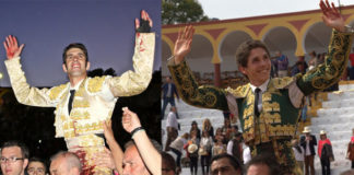 Alejandro Talavante y Ginés Marín saliendo a hombros de Olivenza (FOTO: Gallardo)