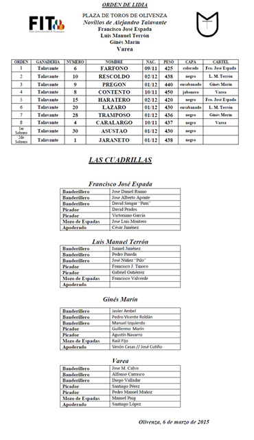 Orden de lidia y cuadrillas de la novillada del 6 de marzo