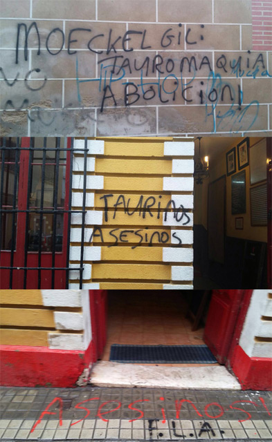 Pintadadas realizadas por los anti taurinos en el Club Taurino Extremeño de Badajoz