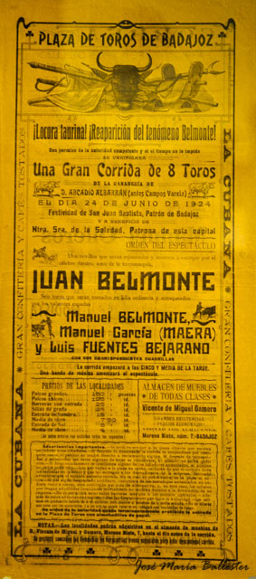Cartel de la primera corrida de Arcadio Albarrán lidiada en Badajoz
