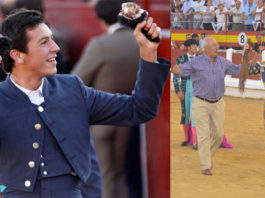 Puerta grande para Miguel A Silva y Antonio Medina Silva y Medina con los trofeos cortados, al segundo le acompaña en la vuelta al ruedo Cipriano Píriz (FOTO:Borja Domínguez)