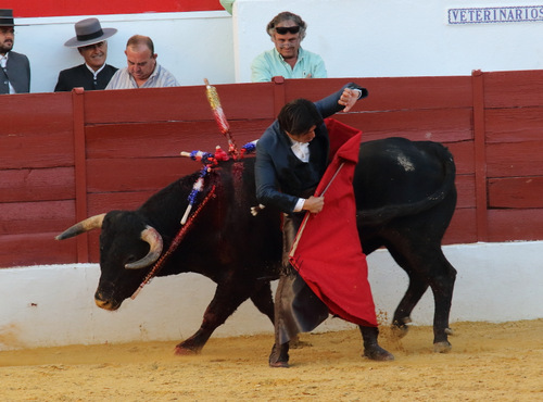 Desafortunada acción de Diego Ventura dando un molinete con el rejón de muerte clavado en el toro (FOTO:Gallardo)