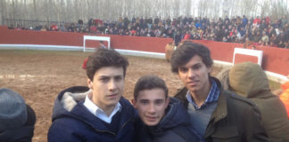 Ismael Jiménez, Antonio Pintiado y Carlos Domínguez en el tendido de la plaza donde se celebran los tentaderos del Bolsín de Ciudad Rodrigo