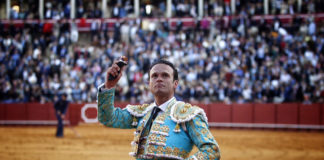 Antonio Ferrera paseando la oreja de Platino por el albero maestrante (FOTO:Toromedia)